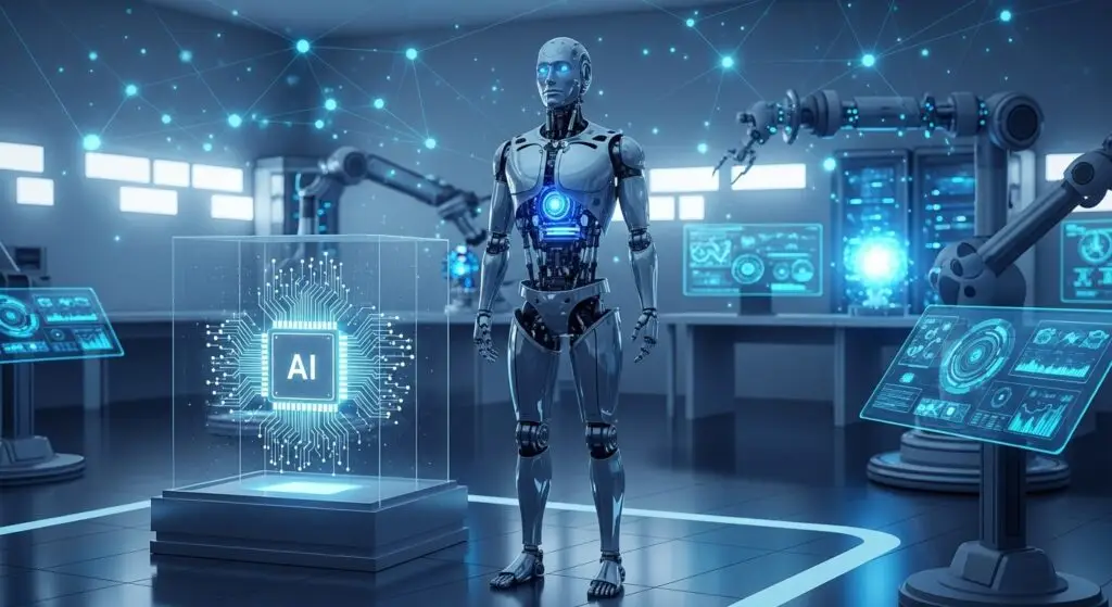 AI-powered humanoid robot in futuristic lab environment